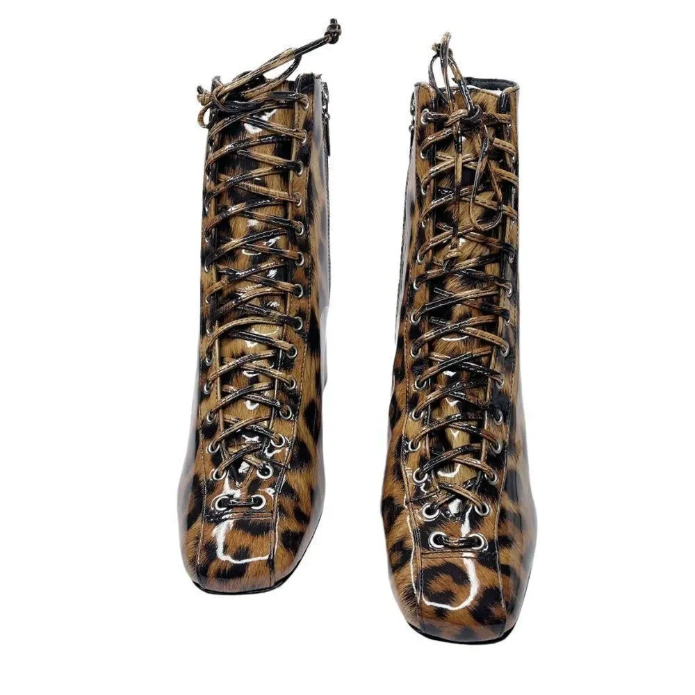 SCHUTZ Kika Leopard Print Patent Leather Lace-Up Boot
